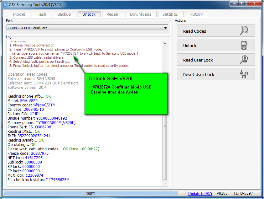 Desbloqueio - Unlock SGH-V820L - Z3X