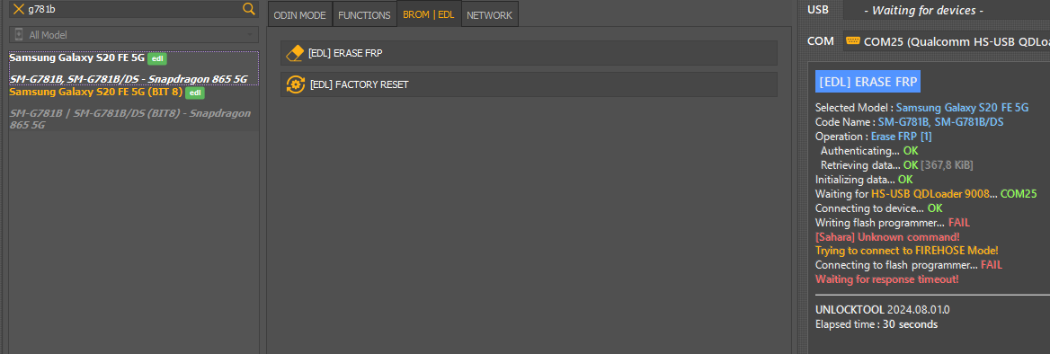 Writing flash programmer... FAIL [Sahara] Firehose verification failed! Trying to connect to FIREHOSE Mode! Connecting to flash programmer... FAIL Waiting for response timeout!